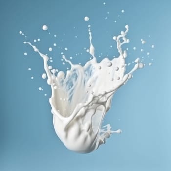 A splash of fresh milk on a blue surface creates a stunning contrast is AI Generative.