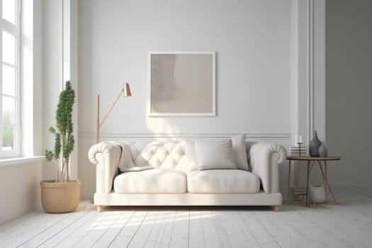 A bright and airy living room with a comfortable white couch and natural light streaming in through the window creates a relaxing and inviting space. AI Generative.