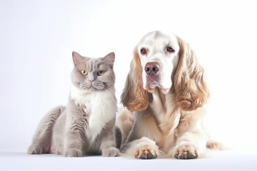 Feline and canine buddies, sitting together with cute paws and furry tails, showing the beauty of animal friendship. AI Generative.