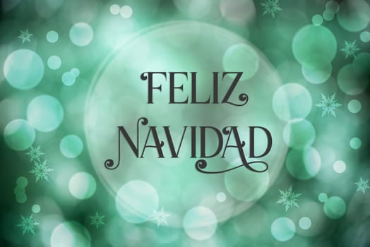 Shiny Blurry Turquoise Christmas Background With Bokeh And Spanish Text Feliz Navidad, Which Means Merry Christmas In English