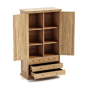 Vintage style wooden wardrobe with open drawers isolated on white background. 3D illustration.