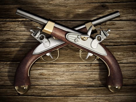 Crossed flintlock pistols on old wooden background. 3D illustration.