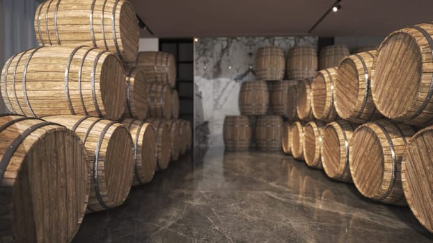 Groups of old oak barrels inside wine cellar. 3D illustration.