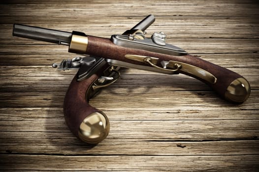 Crossed flintlock pistols on old wooden background. 3D illustration.
