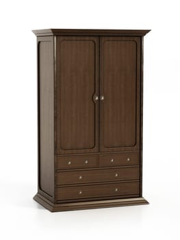 Vintage style wooden wardrobe isolated on white background. 3D illustration.