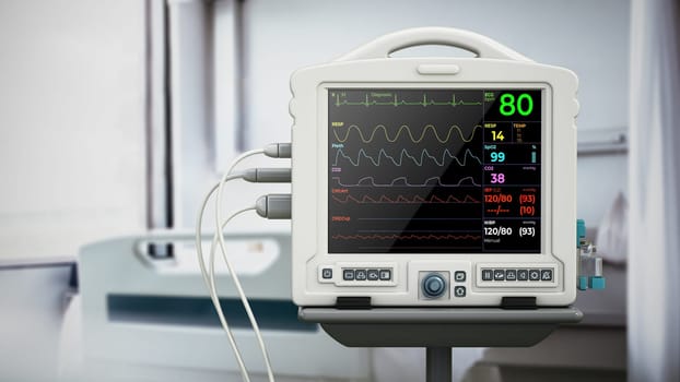Patient monitor standing near the bed in a hospital room. 3D illustration.