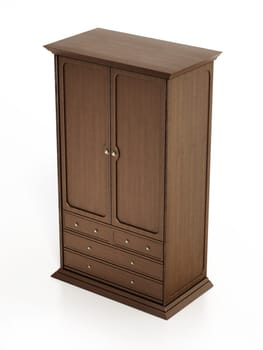 Vintage style wooden wardrobe isolated on white background. 3D illustration.