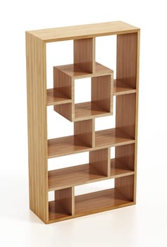 Modern bookshelf isolated on white background. 3D illustration.
