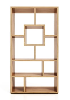 Modern bookshelf isolated on white background. 3D illustration.