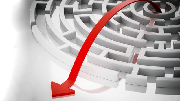 Red line with arrow leading out of the round maze. 3D illustration.
