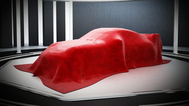 New car model showcase on the podium under the red silk. 3D illustration.