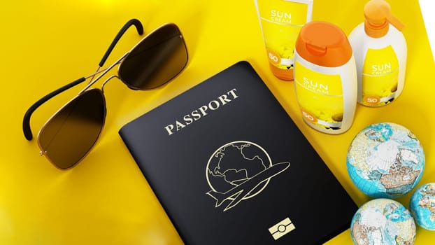 Passport, sunglasses, sunbed, sun cream and towel 3D illustration