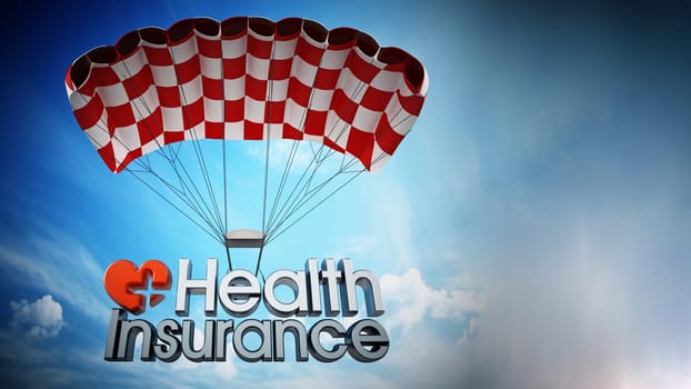 Health insurance text landing with a parachute. 3D illustration.