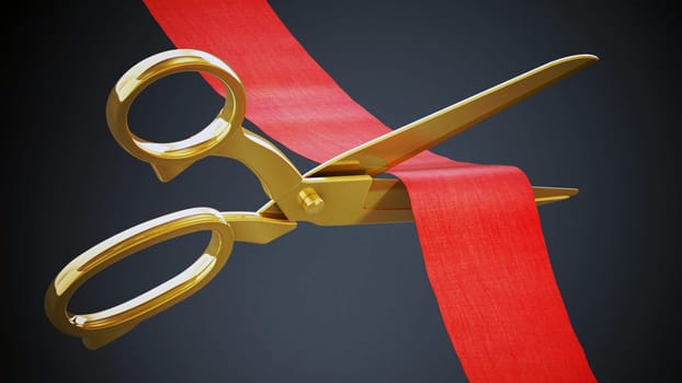 Golden scissors cutting red ribbon. 3D illustration.