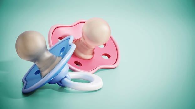 Pacifiers standing on green background. 3D illustration.