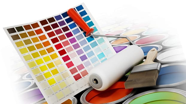 Various paint cans, roller and color guide. 3D illustration.