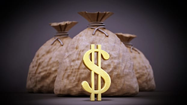 Money sacks with gold dollar icons. 3D illustration.
