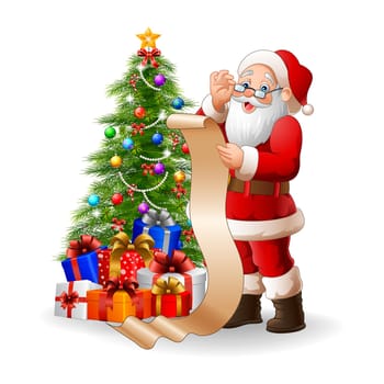 Santa Claus reading a long list of gifts