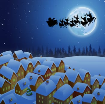 Santa Claus riding his reindeer sleigh flying in the sky