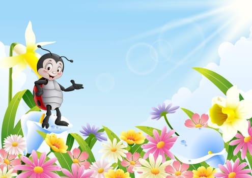 Cartoon ladybug in the flower field
