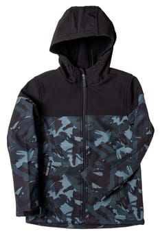 Winter jacket for children. Close-up of children's black warm jacket with hood isolated on white background. Winter fashion. Clipping path. Military style.