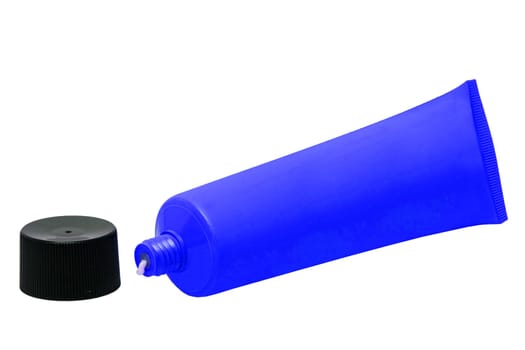 Cosmetic products isolated. Close-up of a opened blue tube cosmetic cream with a skin care product for face isolated on a white background. Space for text.Macro.