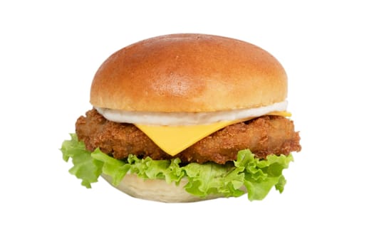 beef burger with sesame lettuce bun tomato cheddar cheese on black background