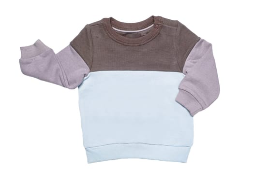 Autumn and winter children clothes. A brown beige blue cozy warm sweater or pullover isolated on a white background.Spring fashion for child boy. Front view.