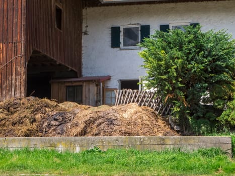 View of a dung heap in front of a barn with a concrete wall, tree and garden fence in summer in Bavaria.