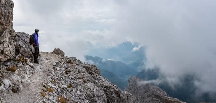 Adventurous hike up to mount Lagazuoi in the Dolomite Alps, autonomous pronvince of South Tirol in Italy
