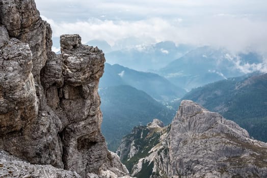 Adventurous hike up to mount Lagazuoi in the Dolomite Alps, autonomous pronvince of South Tirol in Italy
