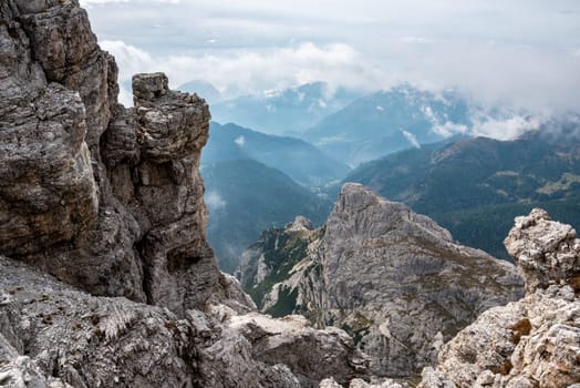Adventurous hike up to mount Lagazuoi in the Dolomite Alps, autonomous pronvince of South Tirol in Italy