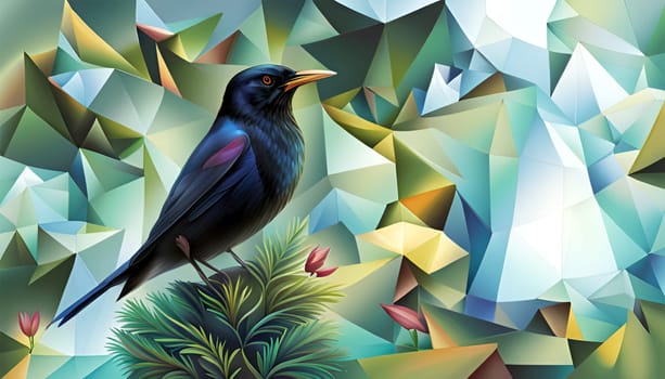 Fantasy colorful blackbird crow in green nature background - Generative AI