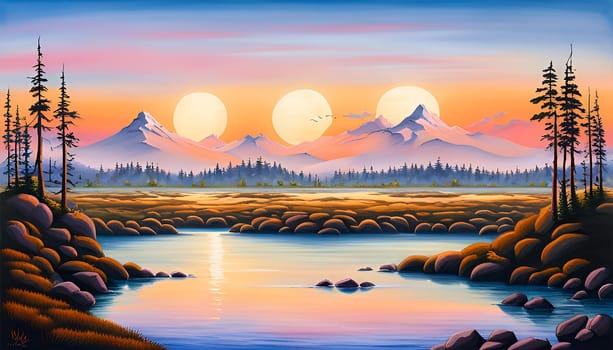 Peaceful fantasy landscape with water, mountain and three suns - Generative AI