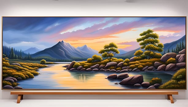 Peaceful landscape painting in a room with a bench - Generative AI