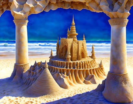 Beautiful castle made of sand at the beach by day - Generative AI