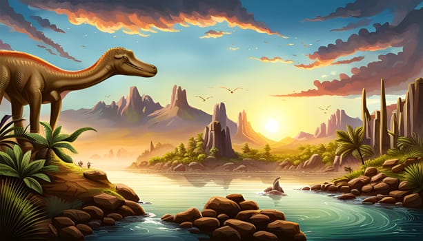 Prehistoric landscape with dinosaur by sunset- Generative AI