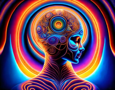 Abstract dreaming mindset woman profile in colorful wonderful background - Generative AI