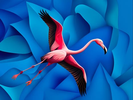 Pink flamingo flying in deep blue fantasy sky - Generative AI