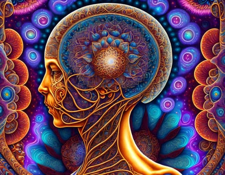 Abstract dreaming mindset woman profile in colorful wonderful background - Generative AI