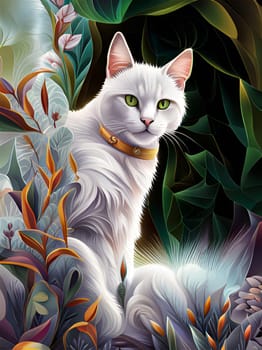 Beautiful white cat portrait with collar and surrounded with plants- Generative AI