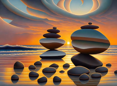 Zen stone in peaceful sunset beach - Generative AI