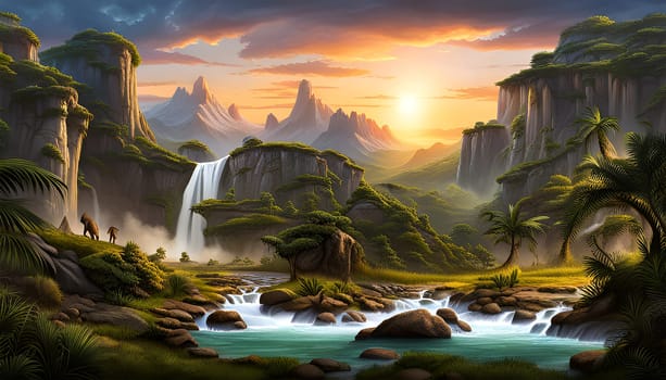 Prehistoric landscape by sunset- Generative AI