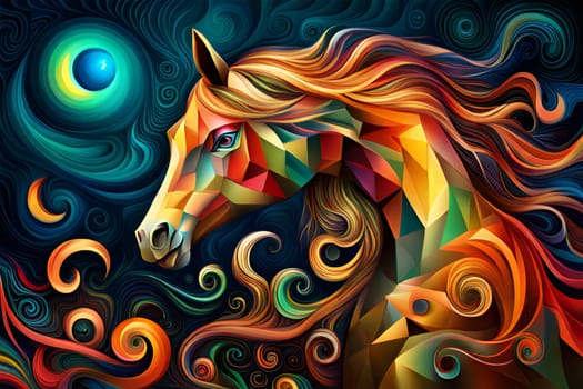 Artistic horse portrait with colorfulwaves and moon - Generative AI