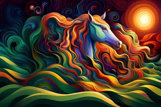 Artistic horse portrait with colorfulwaves and sun- Generative AI