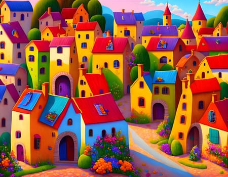 Cute colorful countryside village houses by sunset - Generative AI