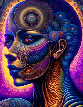 Abstract dreaming mindset woman face in colorful wonderful background - Generative AI