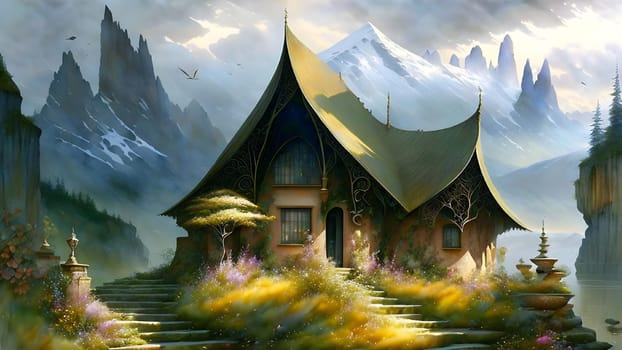 Cute house in the mountain by grey day - Generative AI