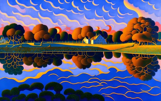 Fantasy sunset autumn landscape with beautiful clouds in blue sky and a house surrounded with orange tree,in front of water - Generative AI