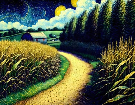 Countryside way among fields with little houses by colorful autumn sunset - Generative AI